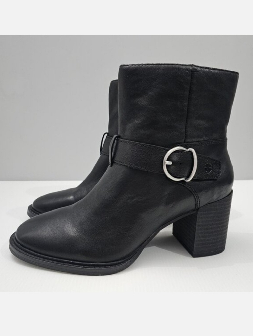 Lucky Brand Achelle Block Heel Ankle Boot Womens 9.5 Black Leather Buckle NEW